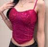 Ropa de Mujer Nueva Primavera 2025 Estilo Europeo y Americano Transfronteriza Malla Transparente con Lentejuelas Plateadas Puntadas de Color Contrastante Camisola