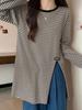 Camiseta de Manga Larga Rayada de Algodón Puro con Abertura para Mujer a Principios de Primavera, Otoño e Invierno Camisa Holgada para Capas Superior de Longitud Media de Nicho