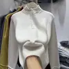 Suéter de Punto Crochet Hueco Estilo Coreano con Cuello Alto Medio Abierto y Mangas Largas para Mujer, Nuevo Invierno 2025 Elegante y Único Suéter Básico Superior