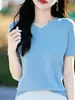 Nuevo Estilo Verano 2026 Suéter de Punto con Cuello en V para Mujer, Versátil, Holgado, Transpirable, Camiseta de Manga Corta de Algodón Puro, Top Adelgazante