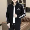 Chaqueta Casual Holgada de Pana a Rayas con Parches de Tendencia para Hombre, Primavera/Otoño, Cuello Alto, Principios de Otoño