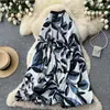 Saia midi plissada estilo A, de cintura alta, emagrecedora, com estampa estilo francês, para mulheres, estilo de férias de verão, saia elegante para o trabalho