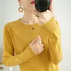 Outono Primavera Tricô 100% Fio de Algodão Feminino Gola Redonda Cor Sólida Manga Longa Estilo Fino Top Suéter Pulôver Solto Roupa para Usar por Baixo