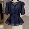 Blusa Elegante e Fashion de Manga Bufante Estilo Francês para Mulheres em Azul Escuro, Cintura Alta, Versátil, Estilosa, Simples, Adequada para o Trabalho, Primavera