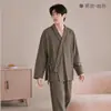 Pijama Kimono de Doble Capa de Gasa para Hombre de Primavera y Otoño, Cárdigan con Solapa Diagonal, Manga Larga, Pantalones Largos, Apto para la Piel, Algodón Puro, Ropa de Casa Japonesa Simple