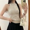 Chal Nuevo Estilo Primavera y Verano 2026 Camiseta Simple de Cuello Halter Ajustado Top de Punto de Cuello Alto Parcial Chica Caliente
