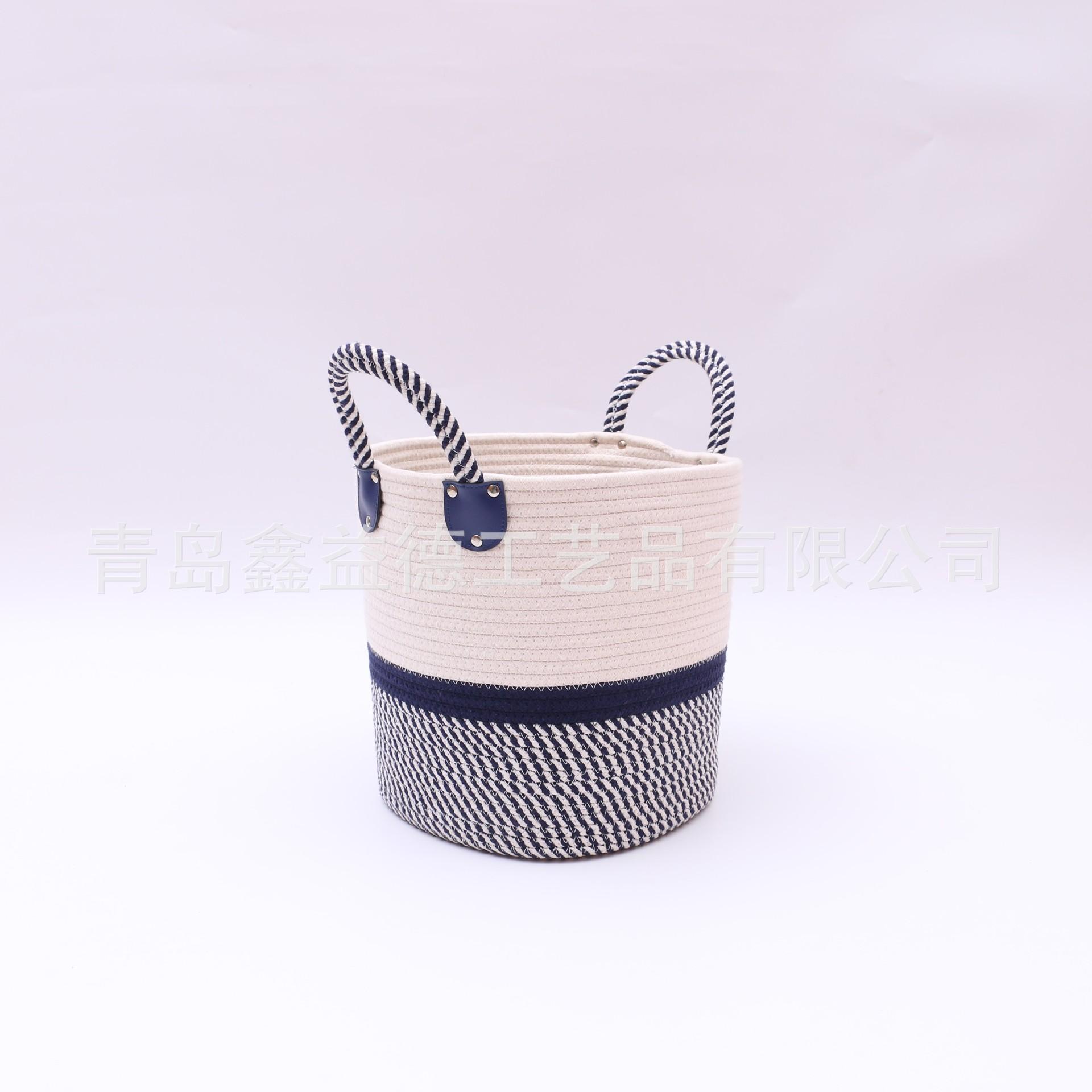 厂家定制批发蓝白条纹色棉绳收纳篮筐 (2)