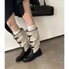 Botas longas de retalhos retrô para comércio exterior transfronteiriço com fivela de cinto, botas femininas de cano alto com bico redondo e salto grosso, botas de montaria versáteis