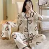 Pijama Cardigan Feminino Outono/Inverno Manga Longa Calça Seda Leite Doce Roupa de Casa Pijama Feminino