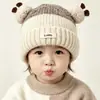 Gorro de punto de dos pompones con bloques de color de panda para niños, otoño e invierno, unisex, gorro de lana con bloques de color para bebé, lindo pompón, cálido para bebés