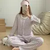 Feminino Primavera/Outono Novo Estilo Coreano Listrado Suave Manga Longa Calça Longa Solta Casual Pode Ser Usado Fora de Casa Roupas