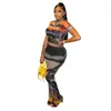 D9553 Amazon Ropa de Mujer Más Vendida en Europa y América Sexy Transparente de Malla Cuello Redondo Suéter Elástico Cintura Alta Traje de Trompeta