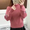 Suéter de punto para mujer de otoño e invierno, cuello medio alto, manga larga, bordado de flores pequeñas, top de punto estilo coreano para mujer