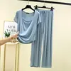 Conjunto de camiseta de manga corta con cuello cuadrado de modal y pantalones largos para mujer, casual de verano, corte holgado, ropa de casa, conjunto ligero de dos piezas