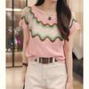 Suéter de Punto de Manga Corta Hueco Color Block Elegante de Verano 2026 para Mujer, Top Pullover Delgado Holgado Adelgazante de Vanguardia