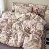 Juego de cama de cuatro piezas para dormitorio de otoño e invierno, tela de algodón cepillado engrosada, con funda de edredón con estampado retro infantil y sábana bajera de algodón puro