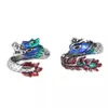 Anel azul retrô com dragão e fênix banhado a prata, estilo nacional, para homens e mulheres, estilo étnico minoritário, anel de casal, presente, vendas diretas da fábrica