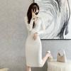 Vestido de Punto de Seda Helada Calado Nuevo Estilo Chanel Primavera 2026 para Mujer, Blanco Bodycon de Longitud Media