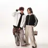 Chaqueta con cuello alto, prenda exterior deportiva de bloques de color, estilo casual unisex a rayas de corte holgado, adecuada para primavera y otoño, atuendo casual americano para pareja