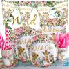 Nuevo Estilo Rosa Fiesta Salvaje Wildone Dorado Temática Salvaje Primera Fiesta de Niña Decoración para Recién Nacidos Vajilla con Estampado Dorado