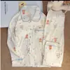 Pijama de otoño para mujer con cuello de muñeco de dibujos animados, manga larga y pantalón largo, lindo conjunto de dos piezas de algodón nube para casa, corte holgado