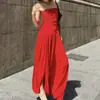 Macacão Ruched Vermelho Sem Mangas Ombro a Ombro para Mulheres, Novo Design Verão 2026, Calças Longas Estilosas Novo Modelo 2026