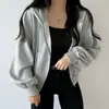 Ropa de alta gama para mujer de Dongdaemun, Corea, simple y elegante, diseño con capucha y cordón, chaqueta corta tipo sudadera holgada de manga larga