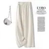 Calça casual de lã off-white de perna larga para mulheres, novo estilo outono e inverno, cintura alta, modelagem que afina a silhueta, solta, com bom caimento, perna reta