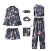 Pijama nuevo de siete piezas con flores para mujer, primavera, manga larga, tipo seda, sexy, para estar en casa