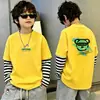 Camiseta Infantil Niños Rayas Patchwork Manga Larga 2026 Otoño Nuevo Niños Algodón Puro Talla Mediana y Grande Niños Top Falso de Dos Piezas