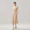 Vestido de Cashmere Liso Elegante com Decote V para Mulheres 2026, Vestido Tricô Vintage com Decote Cruzado, Vestido Base de Malha A-line Acima do Joelho