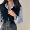 Chaleco de punto con cuello en V estilo universitario para mujer, otoño 2023, nuevo chaleco exterior corto sin mangas apilado