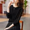 Top de Punto con Cuello Redondo y Abertura con Textura de Encaje para Mujer T2025 Moda Nueva Primavera y Otoño Camiseta Elegante de Manga Larga