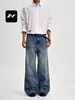 Jeans Lavados Azules Estilo Retro Americano Fengmei para Hombres y Mujeres Holgados Bigotes de Gato Diseño Desgastado con Rasgaduras Sentido del Diseño Casual Pantalones de Pierna Ancha