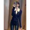 Suéter de punto para mujer con cuello POLO, bloques de color, manga larga, nuevo top interior ajustado 2026, suéter básico de alta gama para otoño e invierno