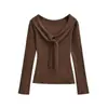 Estilo Deseo Puro Chica Atractiva Hombros Descubiertos Corbata Manga Larga Camiseta Primavera Nueva Moda Versátil Ajustado Color Sólido Camisa Base para Mujer