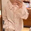 Conjunto delicado de gaze dupla rosa floral com gola franzida, doce conjunto de cardigã para casa