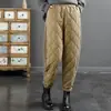 Calças de algodão acolchoadas de veludo cotelê patchwork de inverno para mulheres, cintura elástica, padrão de losango, calças baggy espessadas, calças quentes