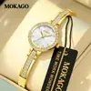 Mokago relógio feminino versátil temperamento mostrador madrepérola pulseira de metal relógio incrustado com strass formato de coração moderno relógio de quartzo atacado