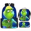 Monstruo de Pelo Verde Grinch Transfronterizo Nueva Mochila Escolar Mochila de Dibujos Animados Set de Tres Piezas Bolso Estuche para Lápices