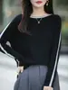 Suéter de tricô com blocos de cor estilo francês, ombro a ombro, para mulheres, novo outono/inverno 2025, camada base quente, suéter bordô