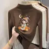 Camada de base de fleece escovado da moda para meninas, outono e inverno, para crianças mais velhas, com estampas de desenhos animados fofas, top quente de manga comprida