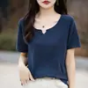Camiseta de Manga Corta para Mujer Talla Grande Cuello en V Algodón Puro Verano 2026 Nuevo Diseño Algodón Delgado Top al por Mayor Color Sólido