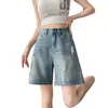 Shorts de Mezclilla Rasgados Casuales Retro Americanos de Verano para Mujer, Pantalones Rectos de Cinco Puntos Sueltos de Streetwear, Modernos