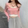 2 023 Outono Novo Slim Fit Short Shoulder Cropped Top Feminino Coringa Malha Manga Longa Base Shirt T-shirt Tide
