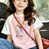 Camiseta de Manga Corta con Bloques de Color de Algodón Puro para Niñas 2026 Moda Versátil Top Verano Estampado de Dibujos Animados Ropa Casual Camiseta