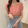 Blusa de Tricô Curta com Gola Redonda Solta para Mulheres Verão 2021 Nova Slim-fit Manga Curta Fina Top