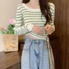 Camisa de Tricô Listrada Doce e Picante Slim Fit Feminina Redutora de Idade Manga Longa Fina Estilo Ocidental Cintura Alta Suéter Interno para Outono e Inverno 2023