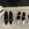 Mules plateados con pedrería para mujer, de punta cerrada, con aumento interno de altura, adecuados para uso en exteriores, elegantes zapatos Mary Jane franceses para primavera/verano 2025