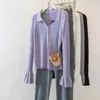 Camisa de Malha Roxo com Gola Polo para Mulheres Primavera e Outono Suéter Slim de Manga Longa com Decote V Top de Alta Qualidade